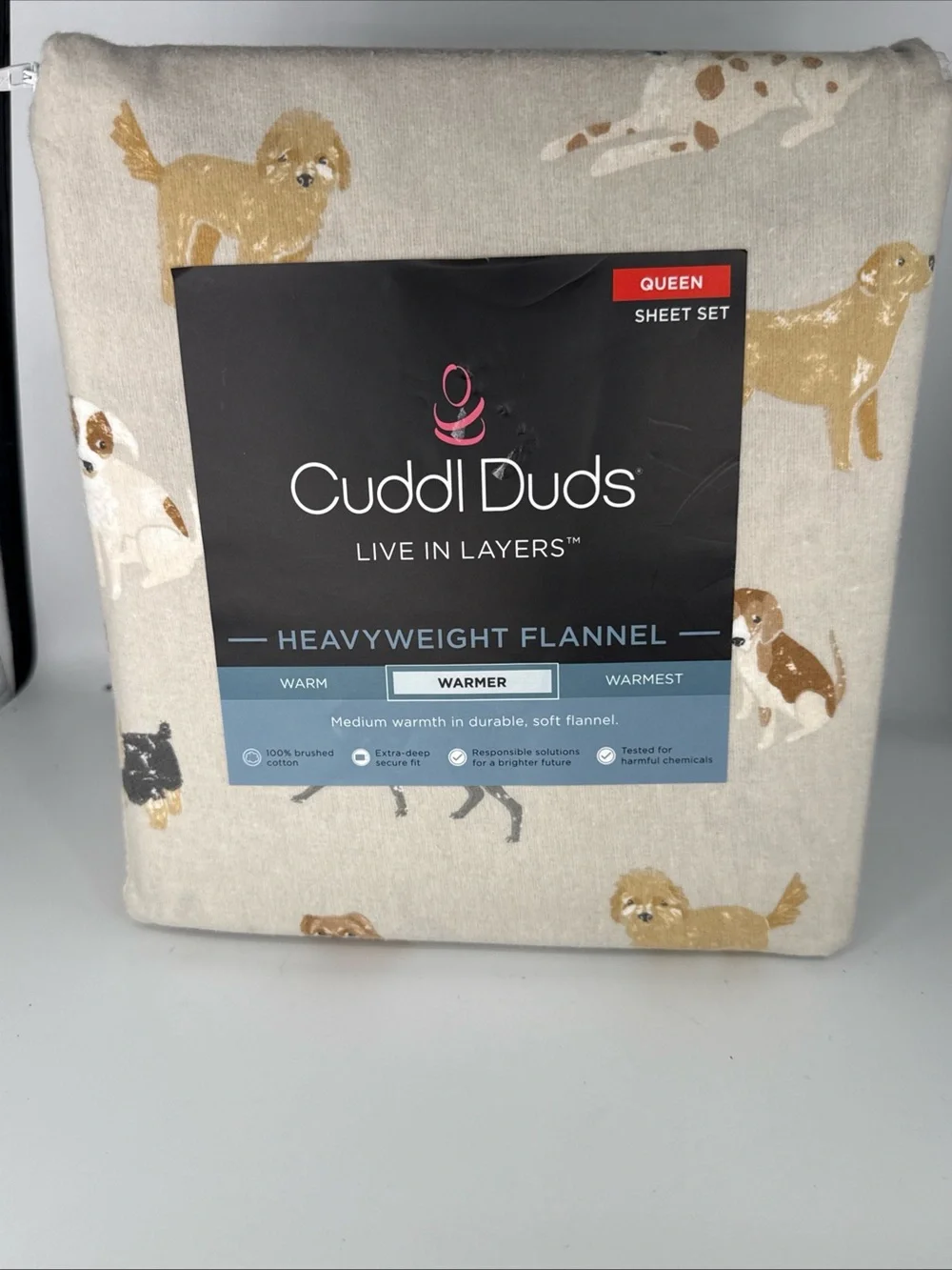 $90 Cuddl Duds Flannel DOG Doodle QUEEN Sheet Set Neutral Dogs Print 17